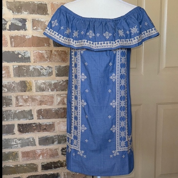 NWT Joy Joy Boho Off Shoulder Chambray Mini Dress Western Embroidery - Picture 12 of 12